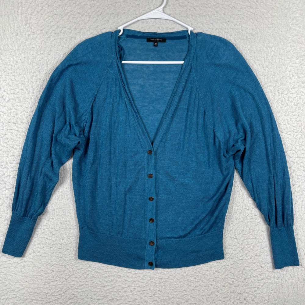 Lafayette 148 Cardigan Sweater Womens XS Blue Linen Blend V Neck‎ Button Front
